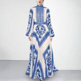 Fongt Collar Lantern Sleeve Positioning Printing Waist 100 Folds Long Dress Dress Women's Dress 2025 New