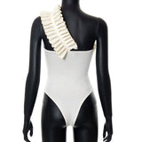 Sexy Ruffles Slant Shoulder Cut Out Bodysuits Women Sleeveless Solid White One Piece Rompers 2022 Summer Beach Holiday