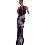 Fongt Women's Clothing 2025 New Digital Printing Sexy Hanging Collar Long Mid-Long Dress Woman