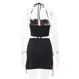Black Halter Bow Tie Up Top And Mini Skirt Set-Outfit