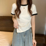 Fongt Female 2024 New Summer Design Sense Contrast Color T-Shirt Fashion Chic Irregular Short Student