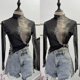 Real Shooting Wave Side Half-High Collar Net Yarn Dyed Long Sleeve Thin Inside The Bottom Shirt Autumn And Winter Folded T-Shirt