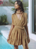 Fongt Women's Summer Vacation Solid Color Fashion Sexy New Dress Rope Belt 8047