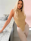 Fongt Women's Triangle Irregular Vest Pure Sexual High-Collar Knitted Back Sleeveless Top Woman