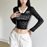 New Women's Vintage Letters High Waist Perspective V-Necked T-Shirt In Fall
