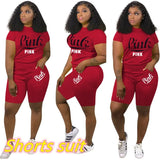 Summer Tracksuit Set Pink Letter Print Top + Biker Shorts Suits Bodycon Casual Two Piece Set Sport Outfits
