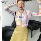 Tie-dyed Designer Long Sleeve T Shirt Pink Mesh Top Aesthetic Clothes See Through 2021 Trend Fashion Women Bodycon