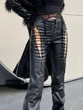 Cut-out Lace Up Pu Leather Pants-Outfit