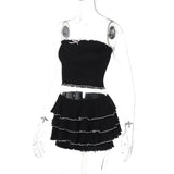 Black Bow Crop Top Ruffled Mini Skirt Set-Outfit
