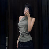 Fongt New Ribs Asymmetrical Neck Cover Stomach Sleeveless Vest Topess