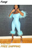 Slash Neck Off Shoulder Feather Slim Fit Jumpsuits Women Black Goth Stretch One Piece Rompers 2023 Summer Night Club