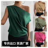 2024 Pure Satin Imitation Silk Irregular Sloping Shoulder Collar Sleeveless Shirt Women's Dress-Outfit
