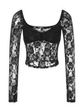 Women T-shirts Long Sleeve V-neck See-through Lace Tops Slim Mesh Sheer See Through Cropped Tees Summer Clubwear 2024-Outfit