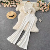 Fongt Suit Women Feel Low-Neck Short Top With High-Waisted Flared Trousers Fashion Two Sets
