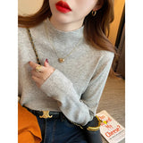 Fongt Collar Bottom Shirt Femininity In Autumn And Winter New Wool Long-Sleeved Knitted Shirt Solid Black