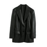 Women 2021 Fashion Faux Leather Loose Blazers Coat Vintage Long Sleeve Pockets Back Vents Female Outerwear Chic