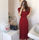 2021 Women Spring Summer Square Collar Dress Cotton Linen Elegant Lace Up