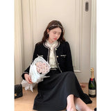 Tweed Cropped Jackets Women Elegant Black Coat Korean Thicken Warm Single Breasted Blazer Casual Short Outerwear Tops-Outfit