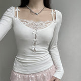 Sexual Wind Lace Splicing Bow Hollowed-Out Long-Sleeved Knitted T-Shirt A Variety Of Thin Solid Color Blouse-Outfit