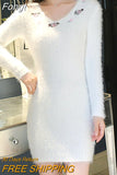 Mink Furry Sweater Women Autumn Winter Embroidery Elasticity Knit Bottoming Pullover Hippocampus Sexy Package Hip
