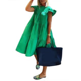 Neck Ruffled Short Sleeve Large Hem A Line Midi