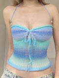 Fongt Fresh Girl Dopamine Gradient Color Woven Sling Design Hollow Low Tie Collar Sexy Vest Top