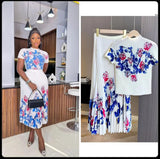 Fongt Fashion Set Women's Summer French High-Grade Folding Print Short-Sleeved Top + Loose A Word 100-Fold Long Skirt