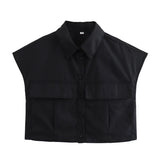 New Four-Color Sleeveless Pocket Short Blouse-Outfit