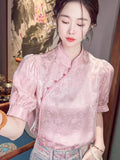 Chinese Style Short-Sleeved Blouse Women's Spring And Summer 2024 New Chinese Style Jacquard Vertical Collar Shirt Lining Trend-Outfit