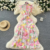 Fongt Retro Elegant Hollow Hook Lace High-Necked Small Flying Sleeves Long Dress Female Thin Dress Dress