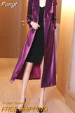 Fashion Glossy Trench Coat Women Spring Autumn Casual Purple Black Windbreaker Double-Breasted Solid X-Long Outerwear