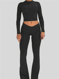 Spring Fall 2 Pieces Women Outfits Solid Color O-neck Long Sleeve Slim Fit Basic T-Shirts Tops Long Flared Pants 2023-Outfit