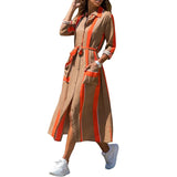 Plaid Striped Chiffon Shirt Dress 2020 New Turn-down Collar Long Sleeve Sashes Dresses Female Pocket Boho Print Long