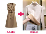 Trench Vests Coats 2 Piece Sets Women Casual Double Breasted Gabardina Sleeveless Jackets Turtleneck Winter Thicken