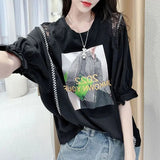 Stylish Letter Printed Blouse Commute Lace Patchwork 2023 Summer Korean Plaid Female Clothing Shirring Round Neck Shirt-Outfit