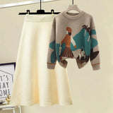 Winter Warm Knitted Two Pieces Sets For Women Long Sleeve Print Sweater And High Waist Knitting Skirts Set Womens