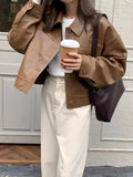 Vintage Lapel Neck Pocket Loose Short Leather Jacket-Outfit