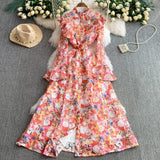 Fongt Court High-Grade Shattered Floral Dress Women Summer Horn Cuff Belt Thin Design Super Fairy Temperament Dress