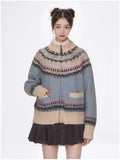 Blue Printed Stand Collar Knitted Cardigan-Outfit