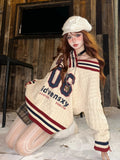 Brown V-neck Letter Print Oversize Sweater-Outfit