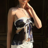 Fongt Fashion Print Hanging Neck Corset 2023 Autumn New Folding Folding