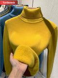 For Women Winter Thicken Turtleneck Slim Knit Pullover New Warm Plush Velvet Lined Knitwear Jumper Tops Casual