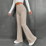 Fall New 2023 Solid Wide Pit Stripe Casual Knitted Wide-Legged Pants For Women Keep Warm In Autumn And Winter Streetwea-Outfit