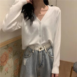 Fongt With Long-Sleeved Sweater Female 2024 New Korean Version Gentle Wind Short White Cardigan V-Neck Jacket-Outfit