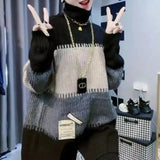 Vintage Striped Spliced Sweaters 2023 Autumn Winter Casual Turtleneck Female Clothing Korean Split Patch Designs Jumpers-Outfit