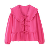 New Spring Doll Tie Casual Loose Solid Color Shirt-Outfit