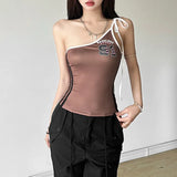Fongt Summer Women's Diagonal Shoulder Spice Letter Print Suspenders Slim Vest-Outfit