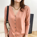 Fongt New Spring And Fall Thin Knit Women's Cardigan Long Sleeve V Neck Short Sweater Small Shawl Coat Jacket-Outfit