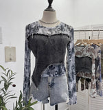 Solid Shooting Tie-Dye Print Spliced Denim T-Shirt Girl Autumn Design Sense Irregular Hair Side Short-Sleeved Top