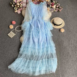 Fongt High-End Feel Leaf Edge Mesh Cake Dress Women's Waist Thin Temperament A Word Shoulder Super Fairy Long Skirt